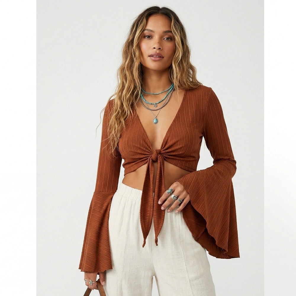 NWT Verdusa Tie Front Ribbed Crop Top Brown Boho Bell Sleeve Size L